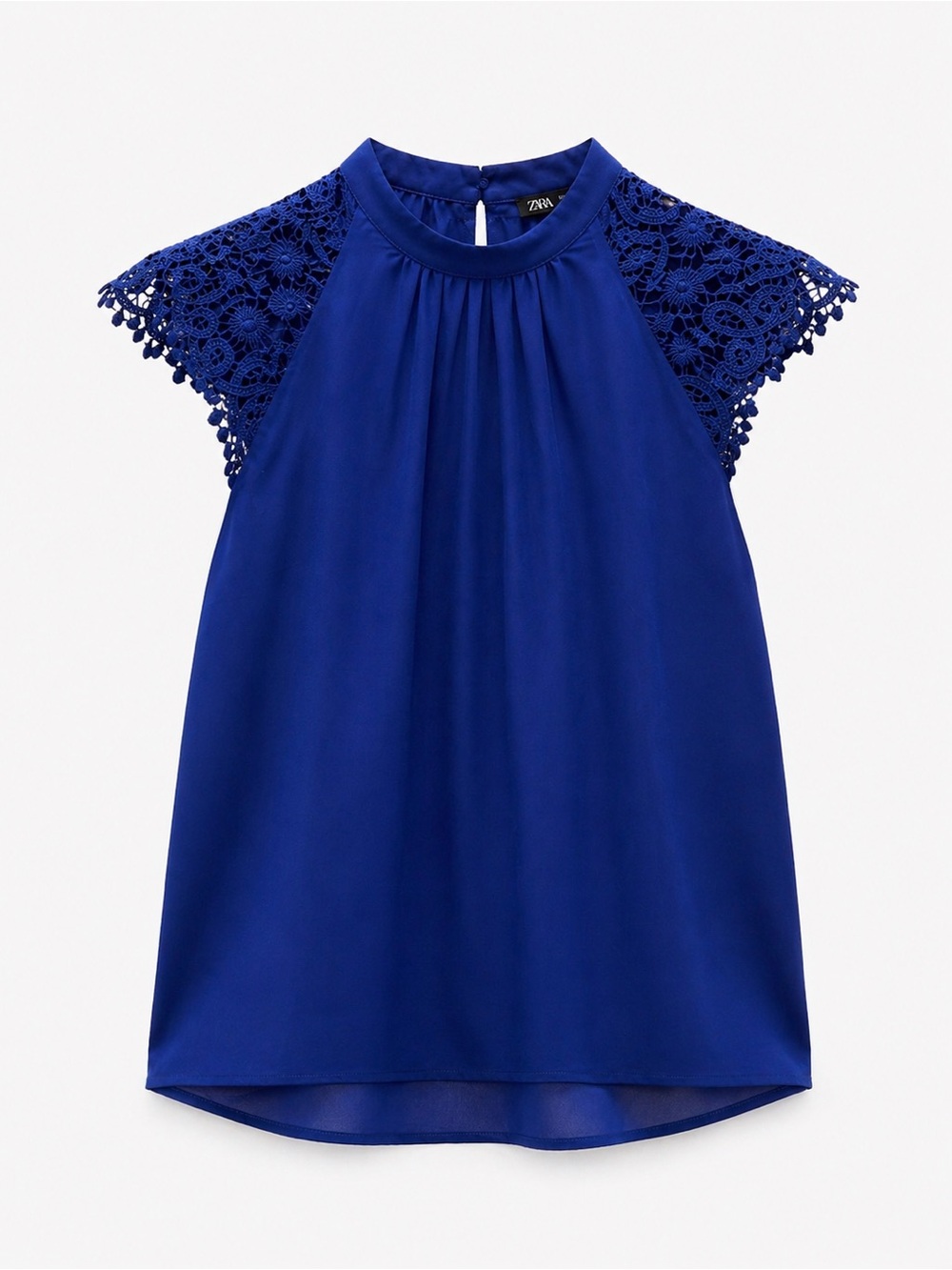 Express Cobalt Lace Cap-Sleeve High Neck Blouse